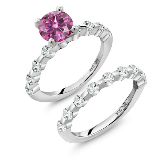 Gem Stone King 925 Sterling Silver Pink Moissanite and White Topaz Wedding Engagement Ring Band Bridal Set for Women (2.56 Cttw, Gemstone, Round 7MM, Size 6)