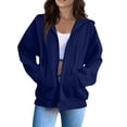 thumbnail image 3 of Soft Fleece Zip-Up Hoodie for Women, Long Sleeve Drawstring Open Front Sweatshirt - Loose Fit Casual Fall Winter Jacket Blue L, 3 of 7