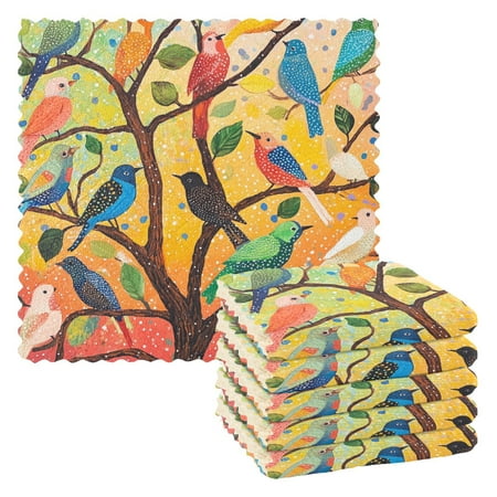 

6 Pieces Thickened Double Polyester Fleece Kitchen Towel - 28x28cm Strongly Absorb Water & Oil Stain Removal，Many Birds
