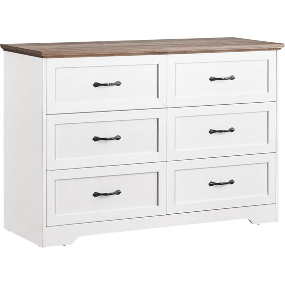 Ourlova Dresser For Bedroom With 6 Drawers, Wood Drawer Dresser Chest Of Drawers For Closet, Living Room, Hallway, Nursery, Bedroom(Brown&White)