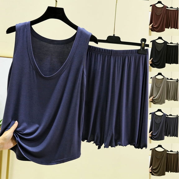 YHAJDS Women Plus Size Outfit Set 2 Piece Sleeveless V Neck Solid Loose Tank Top Elastic Shorts Set