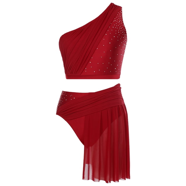 Yartina Robe Moderne Lyrique avec Strass pour Femmes, une Épaule Crop Top avec Jupe en Maille Bourgogne S