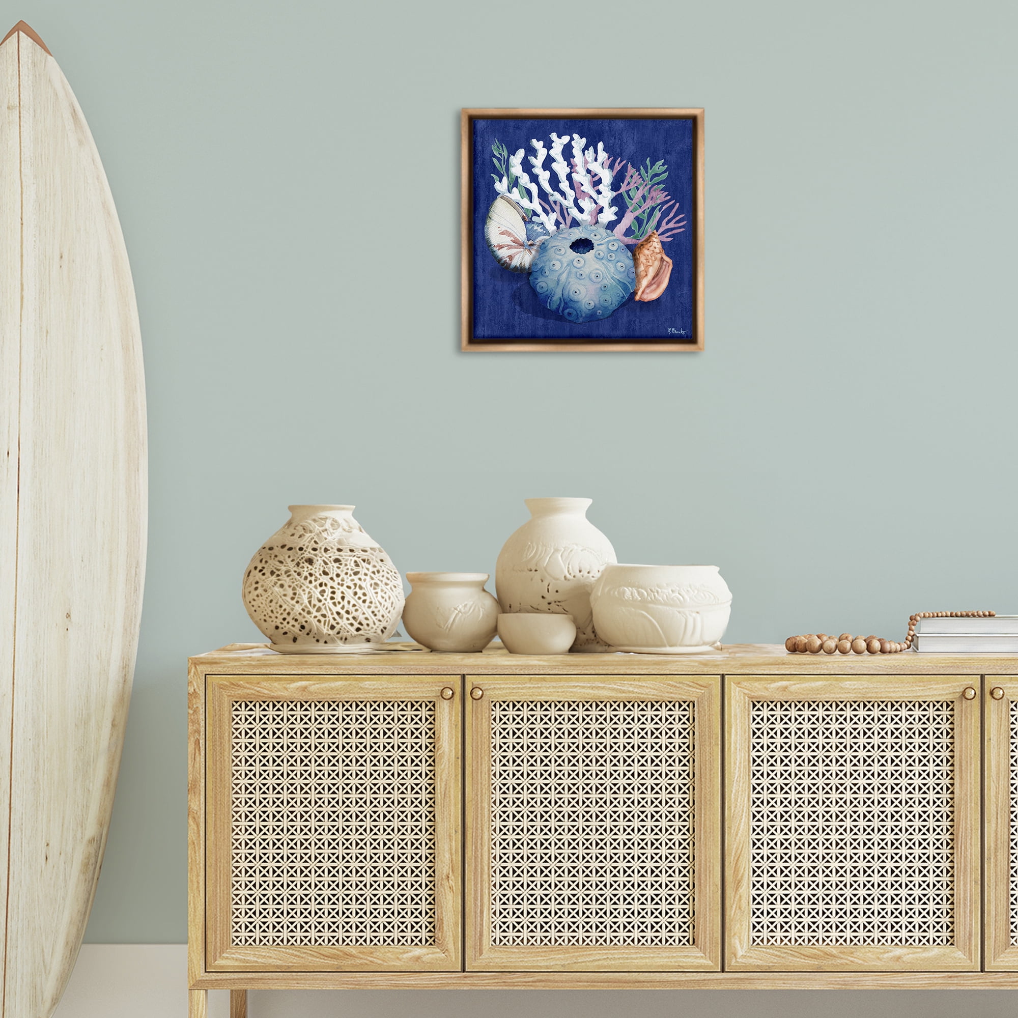Stupell Industries Sea Urchin & Coral Coastal Painting Brown Floater Framed Canvas Art Print Wall Art, 18 x 18