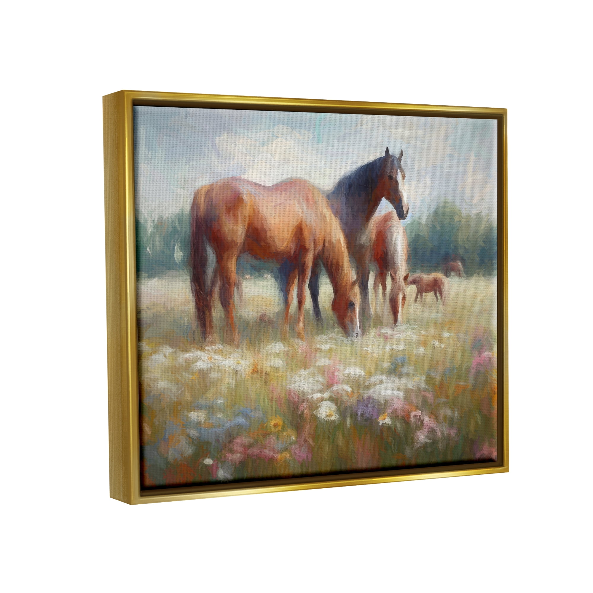 Stupell Industries Horse Family in Meadow Animals & Insects Painting Gold Floater Framed Canvas Art Print Wall Art, 21 x 17