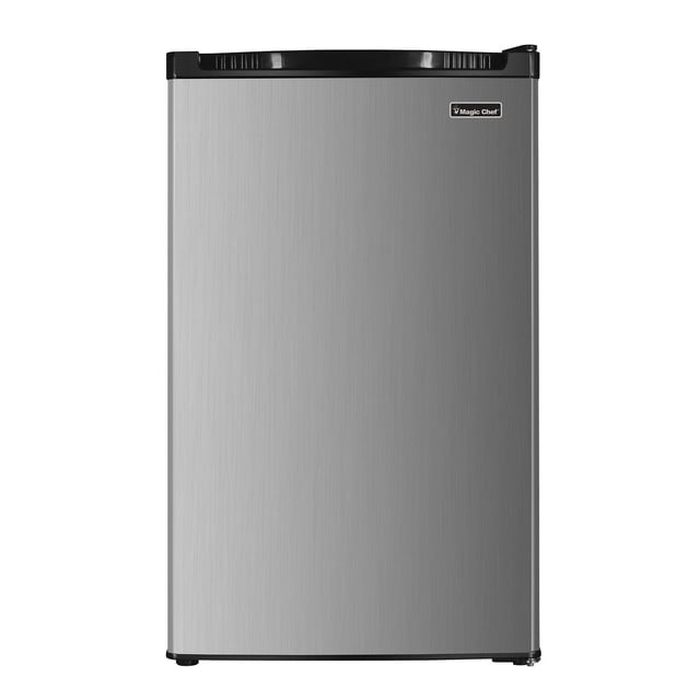 Magic Chef 4.4 Cu. ft. mini refrigerator with freezer compartment, stainless look exterior, and ENERGY STAR certification.