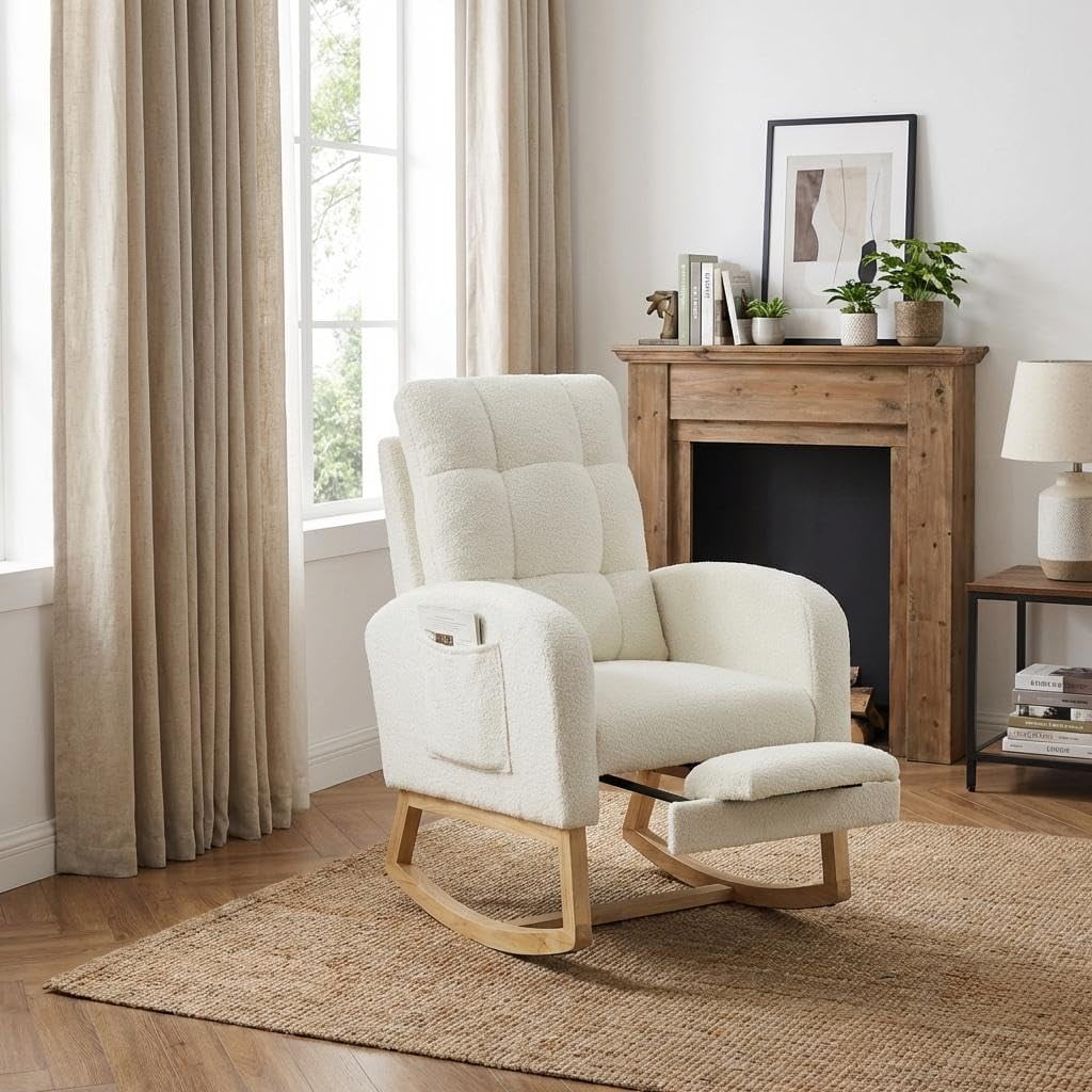 Panapinka Nursery Rocking Chair, Glider Rocker Chairs, Modern Rocking Armchair with Footrest and Side Pocket, Upholstered Glider Chair for Nursing Room, Living Room