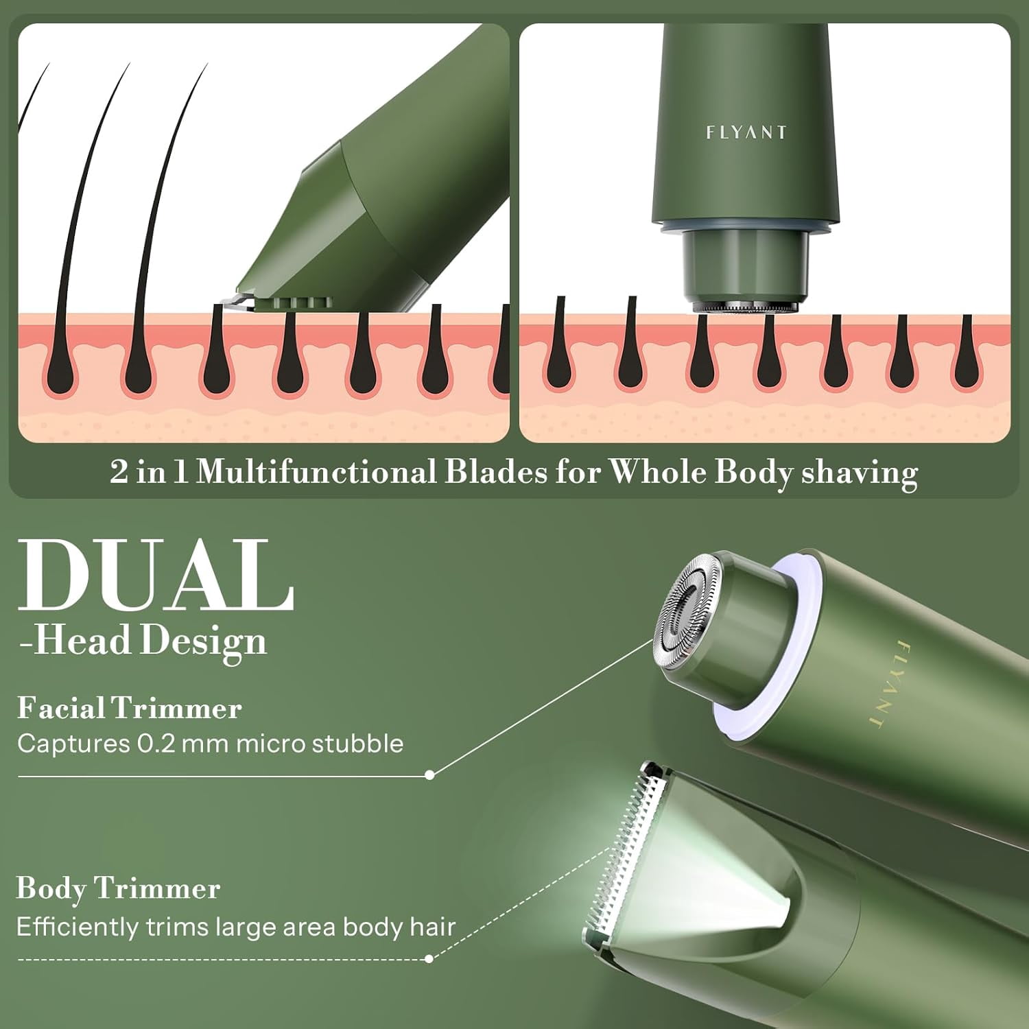 Bikini Trimmer for Women, 2 in 1 Electric Shaver for Women, Pubic Hair Trimmer Waterproof IPX7 with LED, Bikini Razor for Leg Arm Underarm Bikini Area, Christmas Gifts for Her - Dark Green