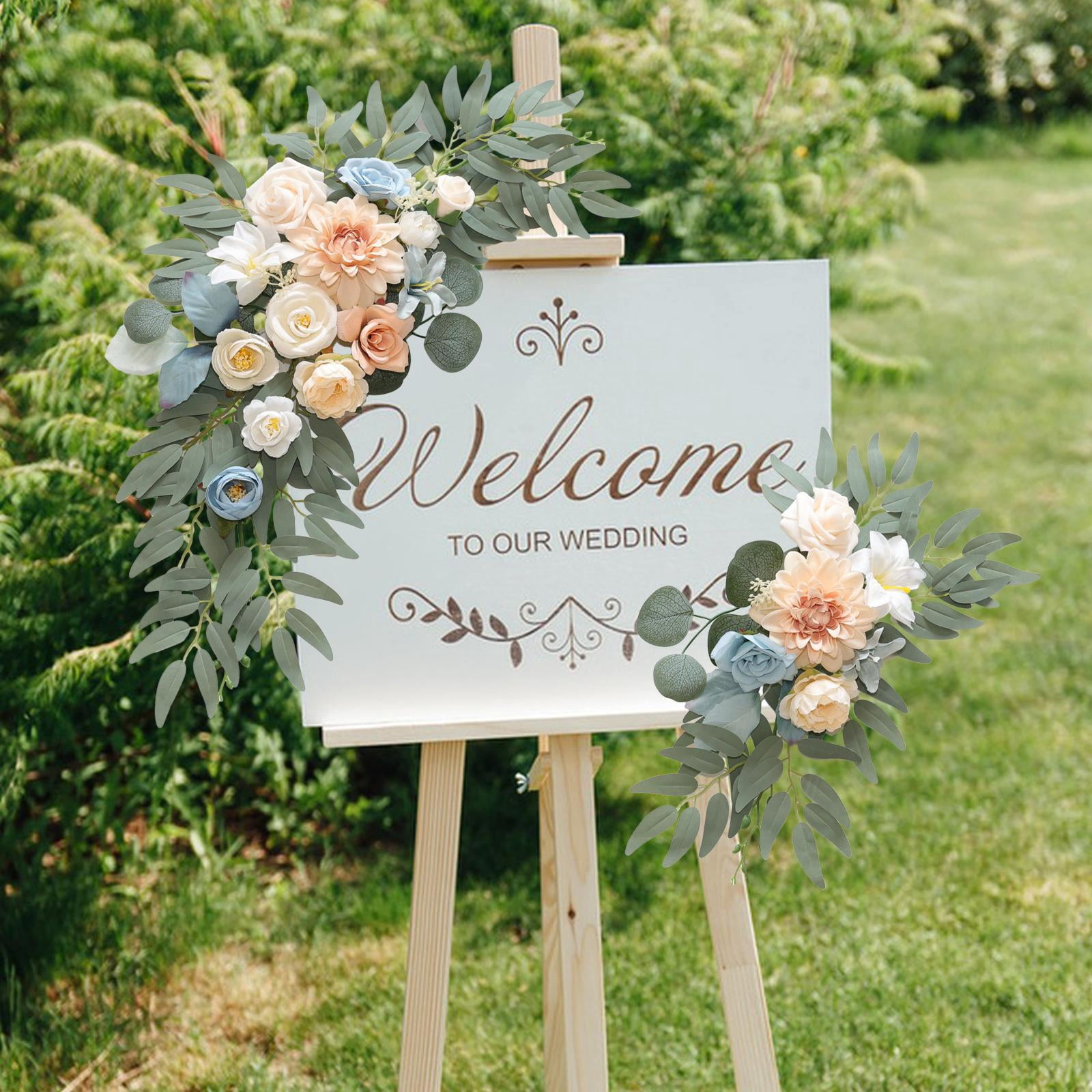 Abbraccia 2 Pieces Wedding Arch Flowers Welcome Sign Decoration Corner Flowers Artificial Flowers for Ceremony Birthday Window Ornament Champagne Blue