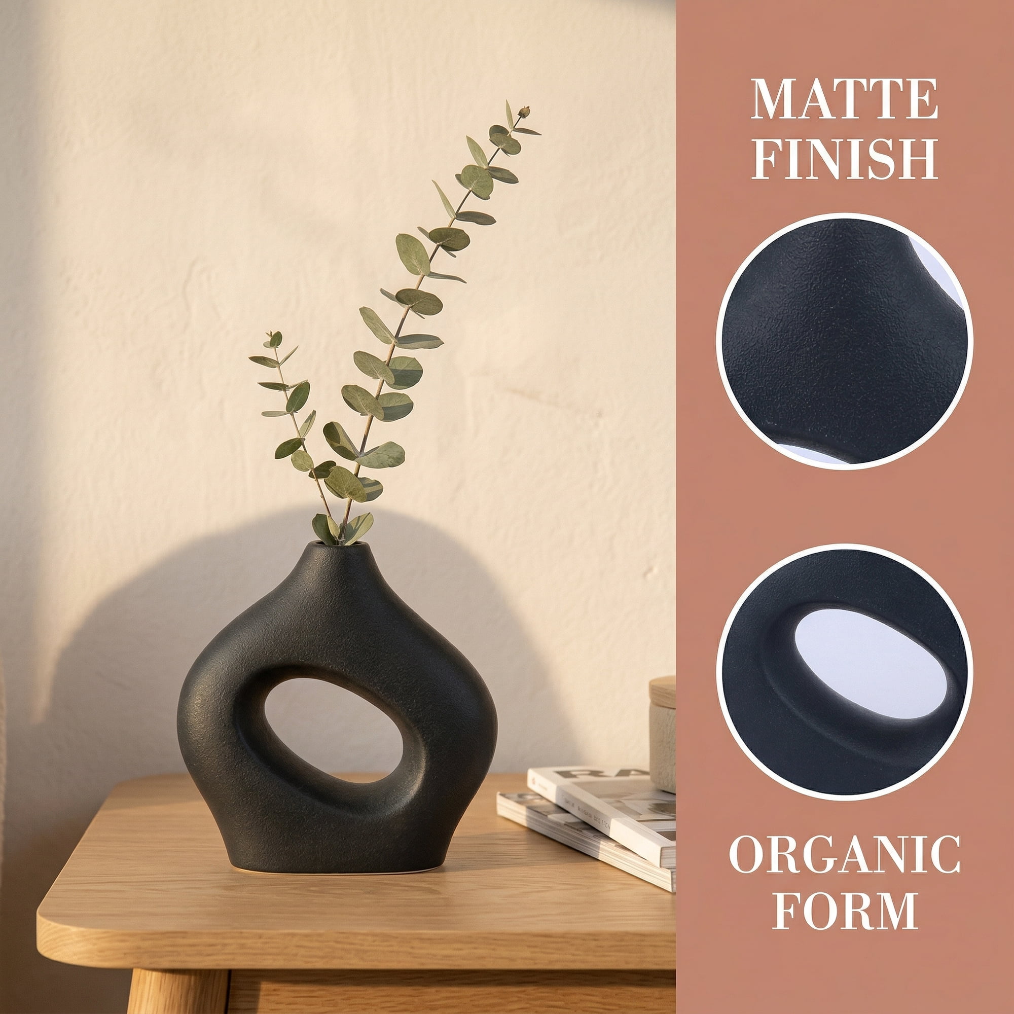 Unique Bargains Donut Hollow Circle Ceramic Flower Vase Black 5.7"L x 1.6"W x 5.7"H