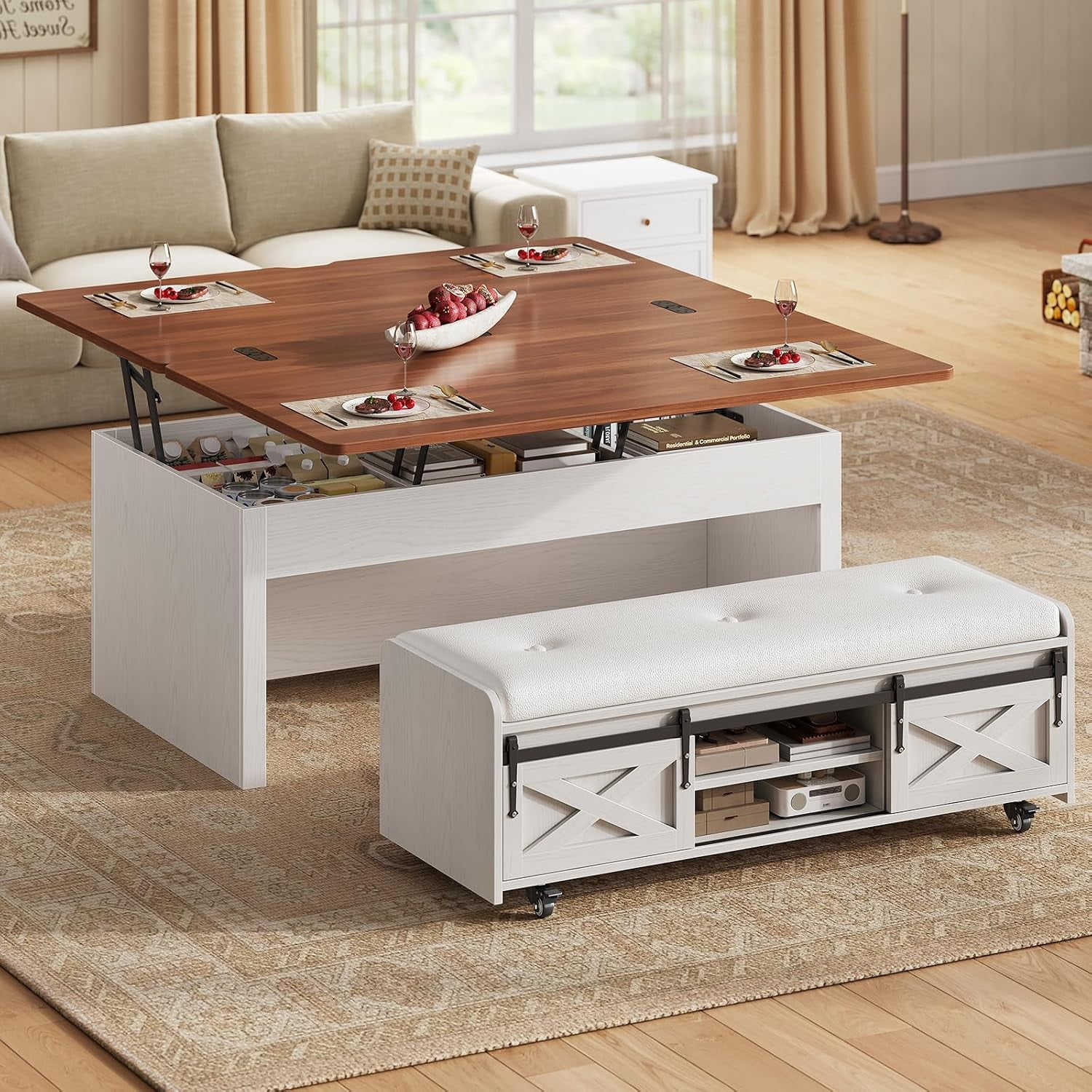 Lift Top Coffee Table with Storage Bench, Farmhouse Convertible Coffee Table to Dining Table for 4-8, 4 Modes with Hidden Compartments & Sliding Barn Door, White