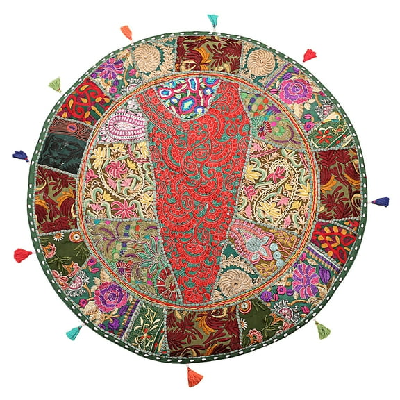 Stylo Culture Ethnic Round Floor Cushion Vintage Patchwork Cover Dark Green 32x32 Large Decorative Decor Seating Tuffet Seat Pouf Cover Footstool Cotton Embroidered 1 Pc