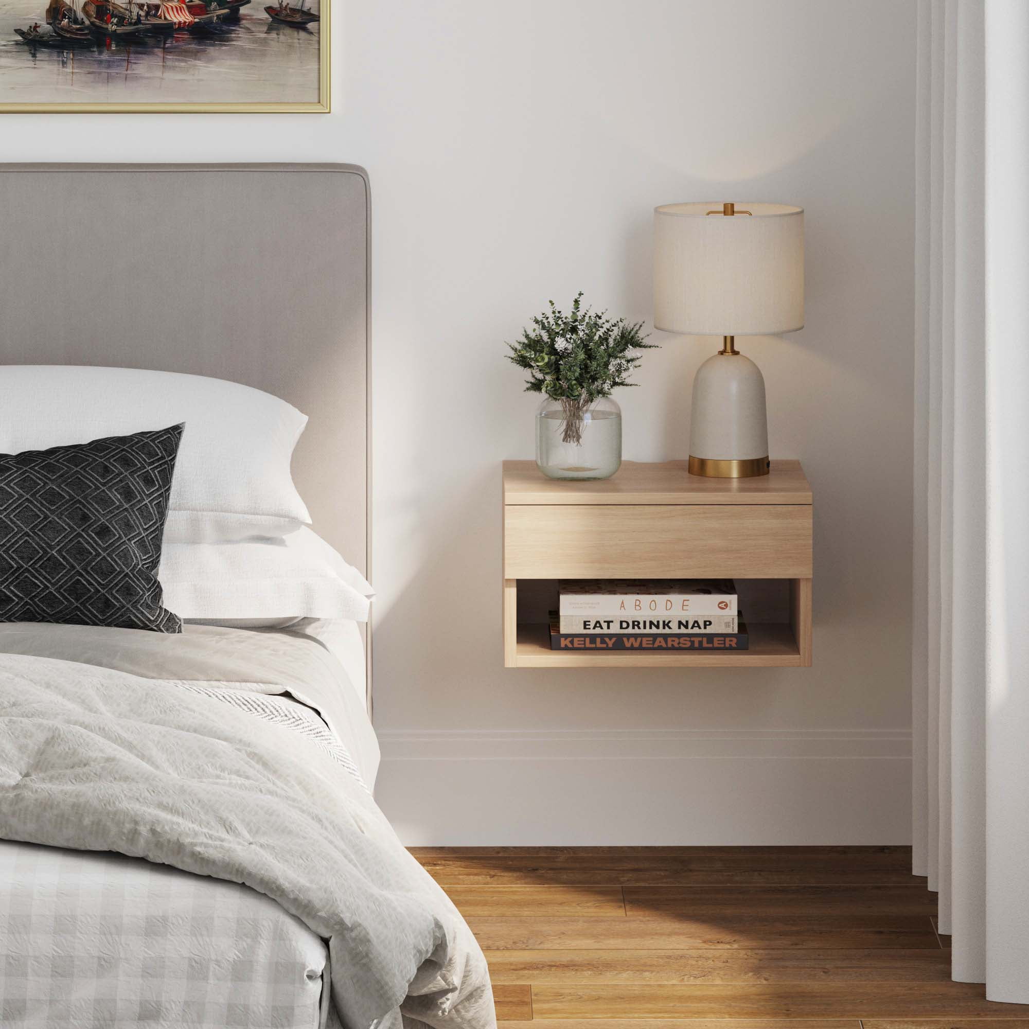 Jackson Light Wood Modern Floating Bedroom Nightstand with Storage Drawer and Open Shelf Cubby