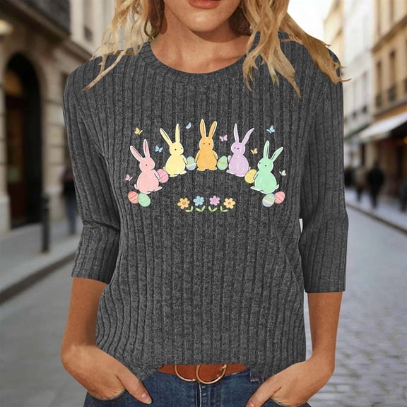 AGWOLF Easter Shirts for Women 3/4 Sleeve Round Neck Knit Pullover Cute Rabbit Bunny Print T-Shirt Religious Tops Tunic Dark Gray L