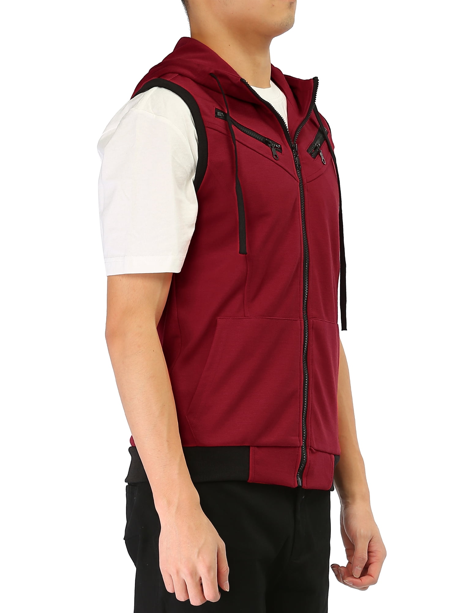 Unique Bargains Men's Sleeveless Zip Up Drawstring Hooded Vest 38 Red