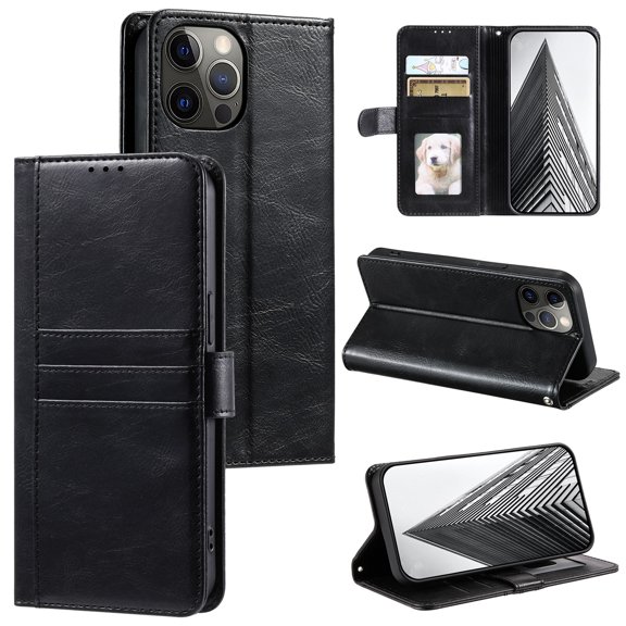 SaniMore for iPhone 15 Pro PU Leather Case, Wallet Design with Card Slots Cash Pocket [Wrist Strap] Flip kickstand Full Body Protection Magnetic Closure Business TPU Shell for iPhone 15 Pro, Black