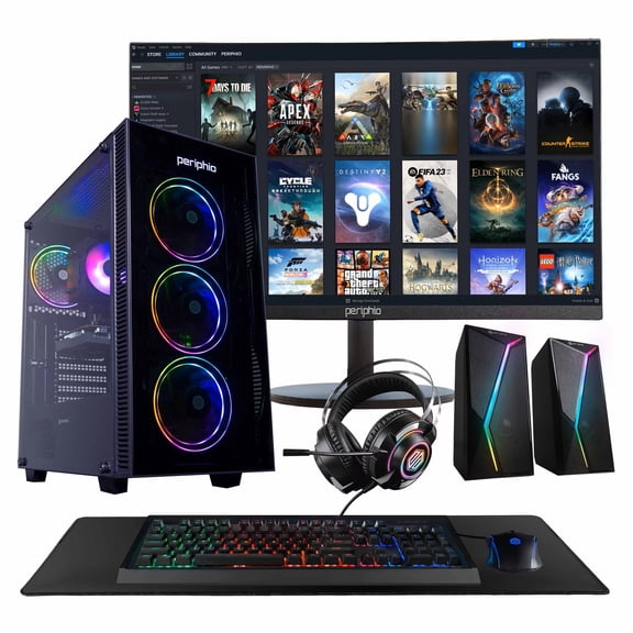 Periphio Horizon Gaming PC, AMD Ryzen 5 5500 up to 4.2GHz with Radeon RX 6500XT 4GB GPU (Gaming Optimized), 16GB RAM, 1TB SSD, WiFi, Windows 11 Desktop, Black, Full Battlestation