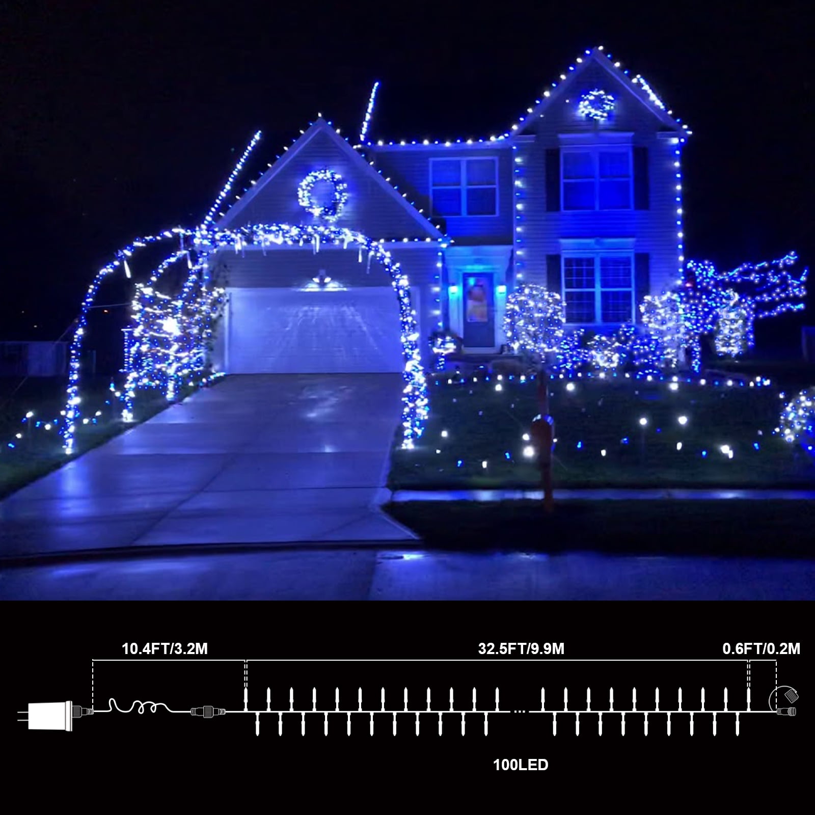 2 Pack Blue White Christmas Mini Lights, 32.5FT 100 LED Clear Bulbs String Lights with 16 Light Modes, Fairy Lights Plug in for Outdoor Xmas Trees Garland Wreath Holiday Decorations