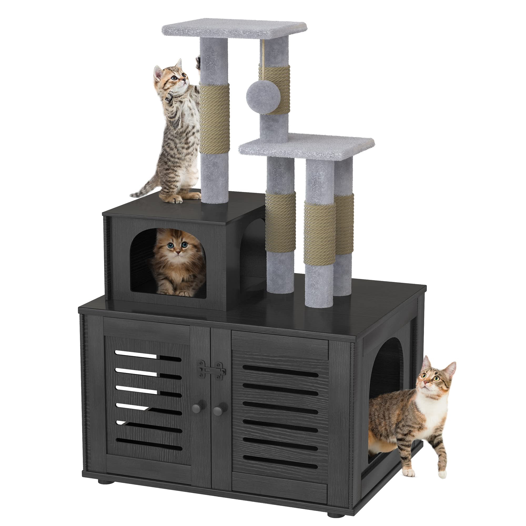 Baxluxe Cat Litter Box Enclosure with Cat Tree, Hidden Cat Washroom Furniture with Divider, Wooden Cat House with Platform, Scratching Post and Soft Plush Perch, Indoor Pet Cabinet, Black