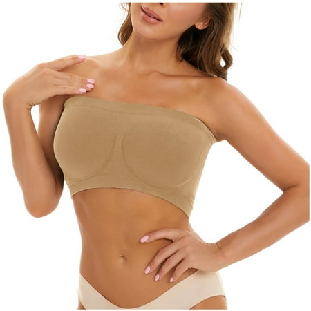 GZWYHT Sports Bras Clearance Backless Bra Sports Bras For Women Plus Size Strapless Bra Bandeau Tube Padded Top Stretchy Yoga Fitness Bra Bras for Women Low Back Bra Seamless Bras Khaki M