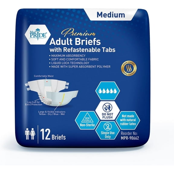 MED PRIDE Adult Diapers – Ultra-Absorbent Adult Briefs with Tabs, Medium 12 Pack White, Unisex Disposable Underwear for Diarrhea & Bowel Incontinence