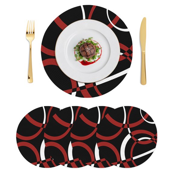 Round Placemats Red Black Geometric Circle 15 inch Set of 4 Table Mats for Dining Table Modern Abstract Lines Heat Resistant Non-Slip Kitchen & Home Decorative Place Mat Set