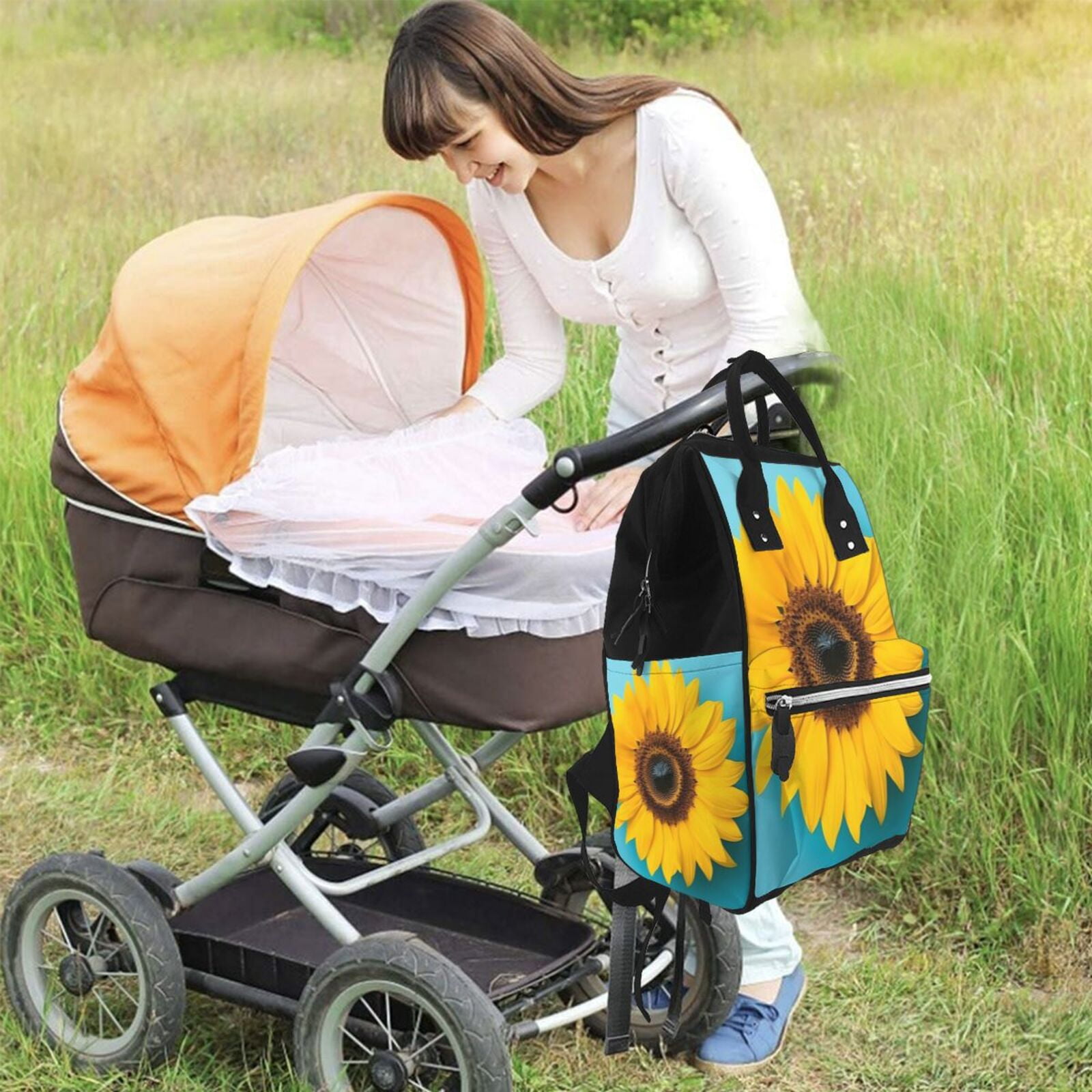 Fuzoiu Golden Sunflower in Blue Print Diaper Bag Backpack,Baby Essentials Travel Tote,Multi function Waterproof Diaper Bag, Travel Essentials Baby Bag - Unisex