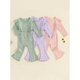 thumbnail image 4 of Aojekbee Baby Girl 2Pcs Fall Outfits Ruffle Long Sleeve Lettuce Trim Tops + Flare Pants Set Toddler Clothes, 4 of 10