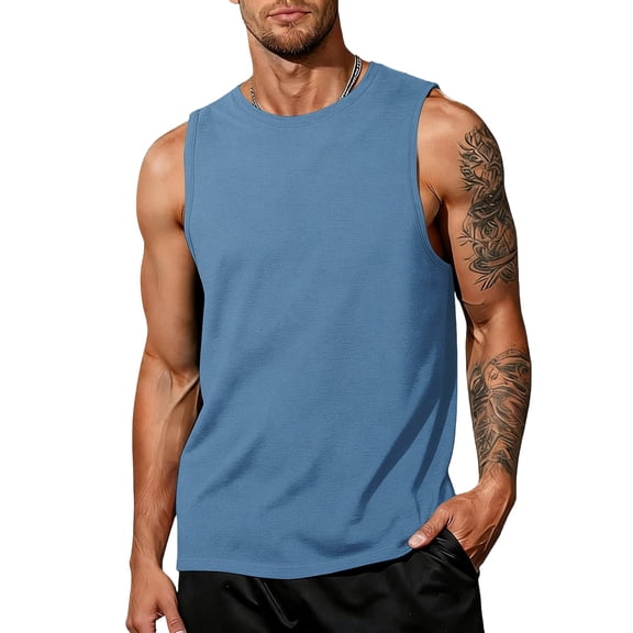 UDAUDU Men's Tank Top Cotton Casual Sleeveless Shirt Lightweight Gym Workout Shirts Cooling Muscle Tee Shirt Blue XL