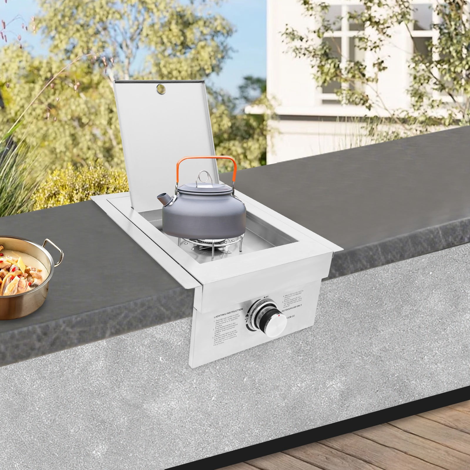 Grilling Side Burners, Propane Gas Stove, 304 Stainless Steel Single Burner Gas Stove with Cover, 3.5KW Output for LPG, Built-in or Countertop Installation, for Outdoor Kitchen, BBQ
