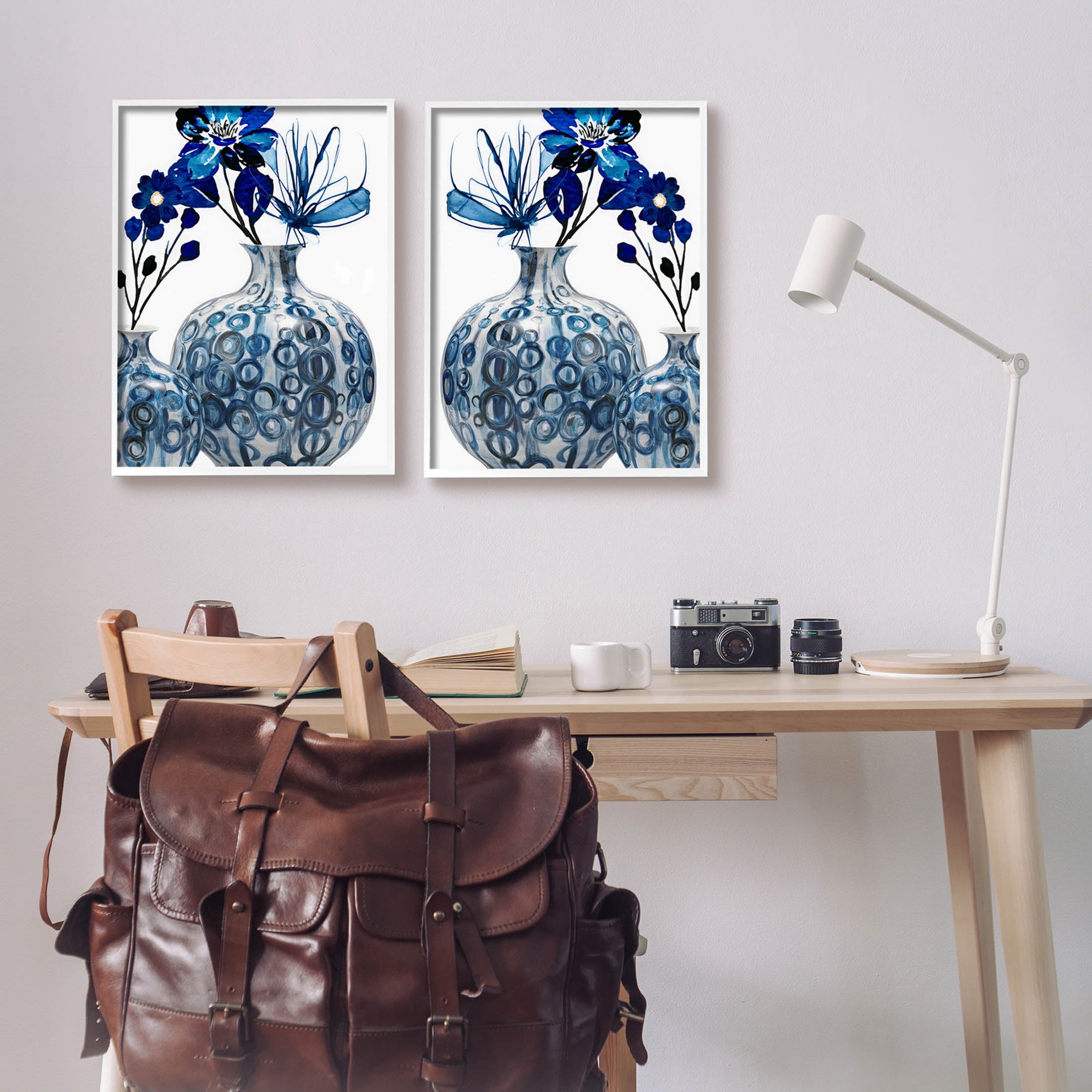 Bold Blue Ikebana Patterned Vase Botanical & Floral Graphic Art White Framed Art Print Wall Art, Set of 2