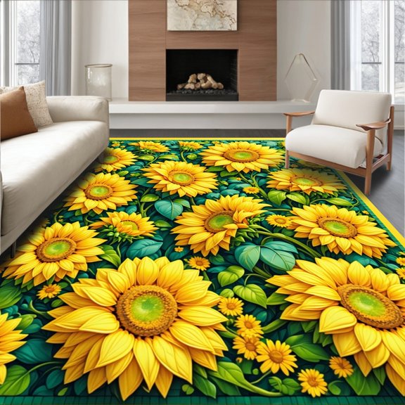 ODIKA 4' x 6' Machine Washable Non-Slip Area Rug, Boho Sunflower High Traffic Rug, Yellow, 28894