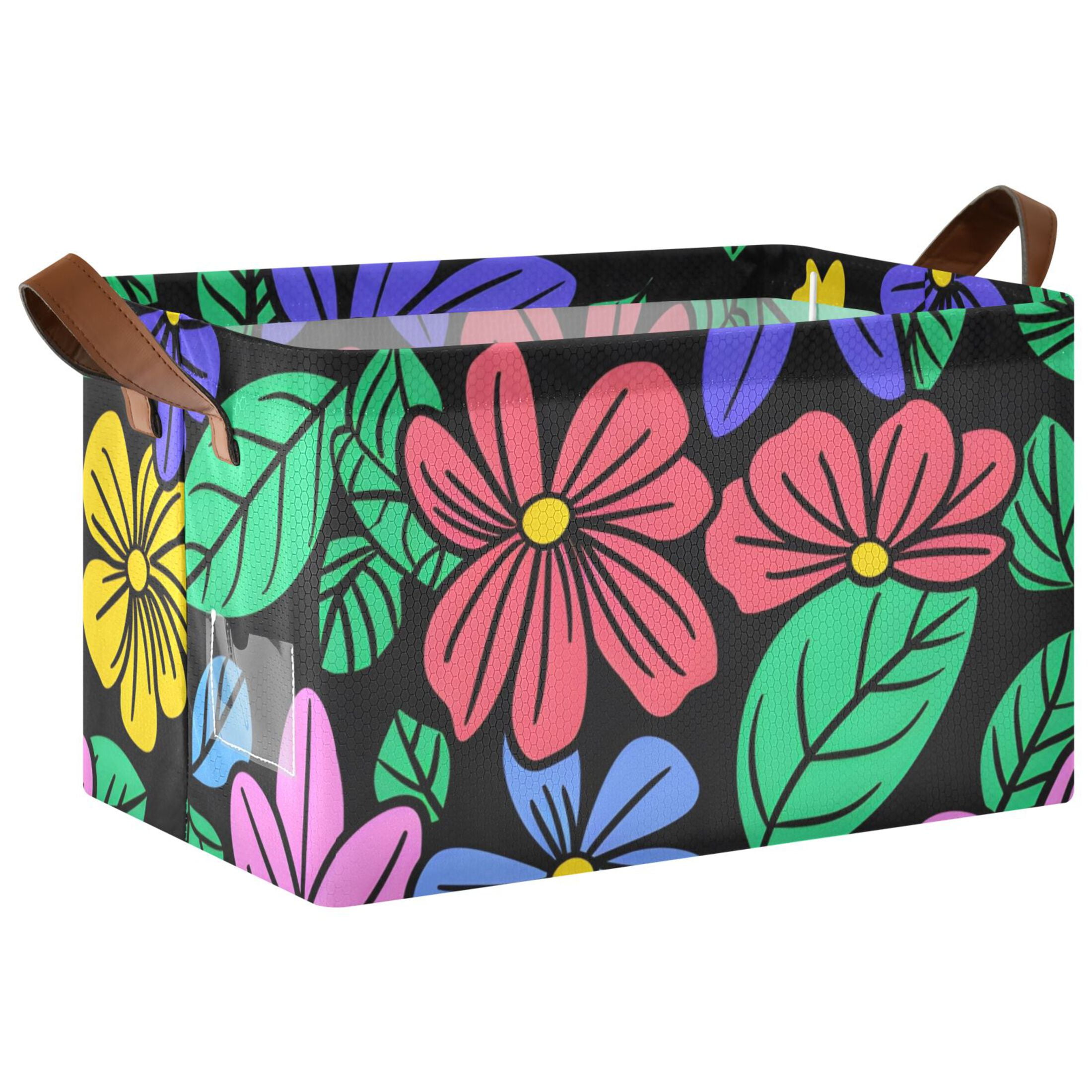 Flowers and Leaves Black Foldable Storage Large Fabric Storage Baskets Organizer Storage Bins with Handles for Shelves