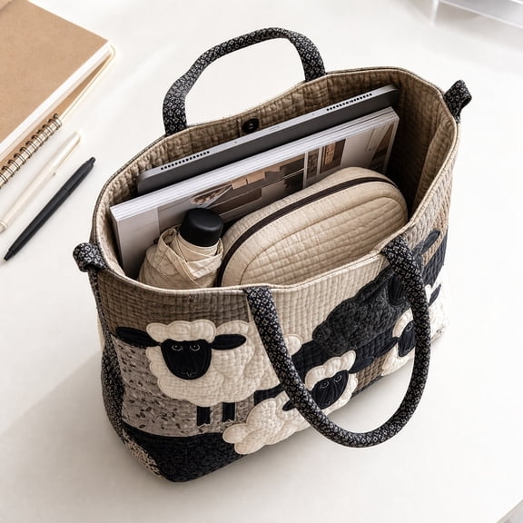 3D Patchwork Sheep Quilted Tote Bag, Retro Patch Fabric Embroidery Large Handbag, Soft Casual Shoulder Bag for School Grocery Shopping Daily Travel
