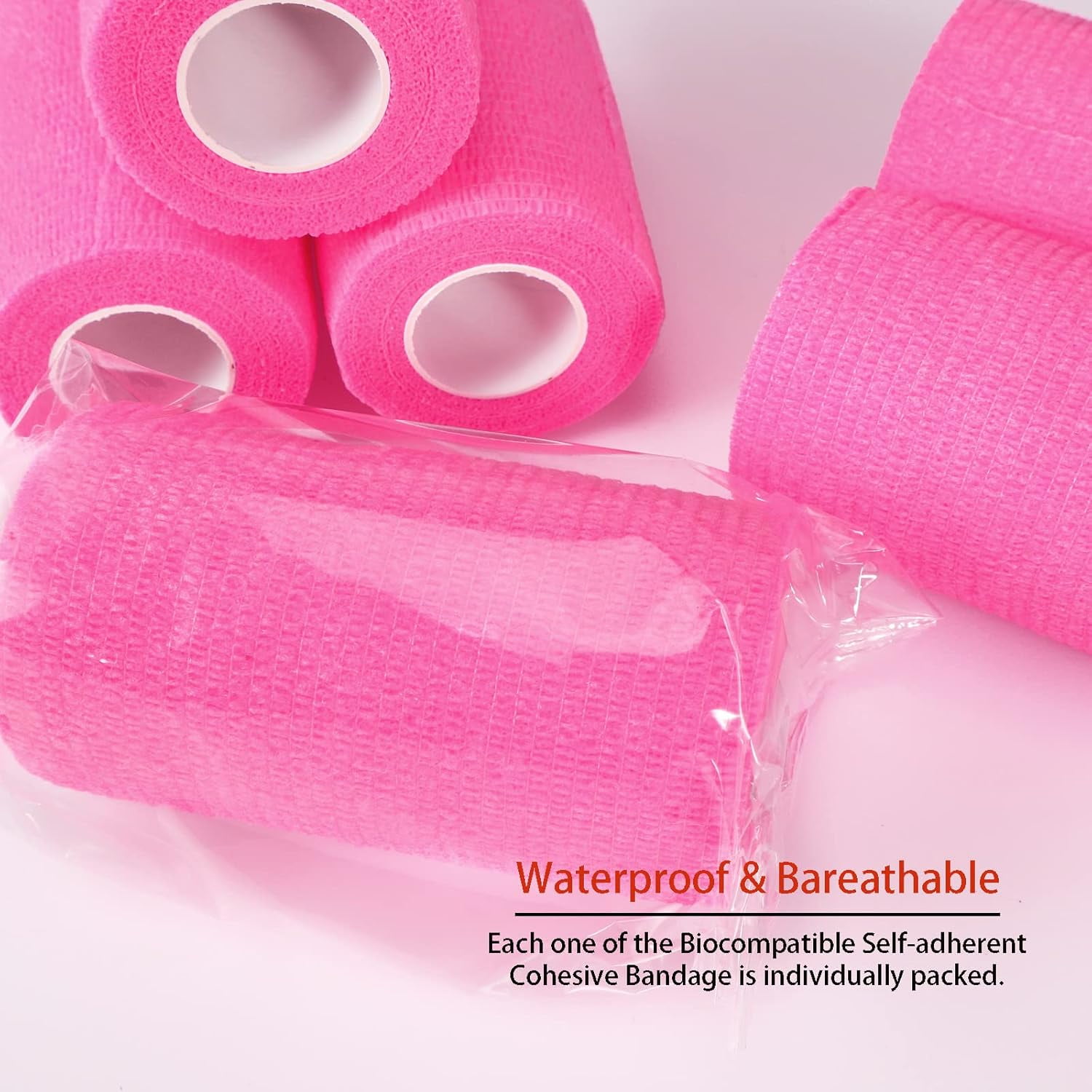 24 Pack Self Adhesive Bandage Wrap, 2” x 5 Yards Vet Wrap Cohesive Medical Tape Elastic Grip Tape Sports Tape Athletic for Ankle, Wrist Sprains, Pet (Pink, 4 Inch)