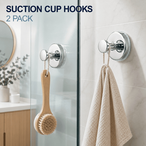 MORAVE 2 Chrome Polished 15lb Large Suction Cup Hooks, No-Drill Removable Hanger for Shower Bathroom Glass Tile Mirror Smooth Non-Porous Surfaces Robes Loofah