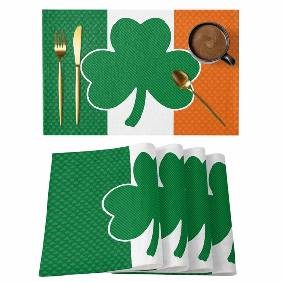 St. Patrick's Day Placemats Set of 6, Irish Flag Green Lucky Shamrock Placemats for Dining Table, Place Mats for Kitchen Tabletop, Waterproof Wipeable Dining Table Mats Set