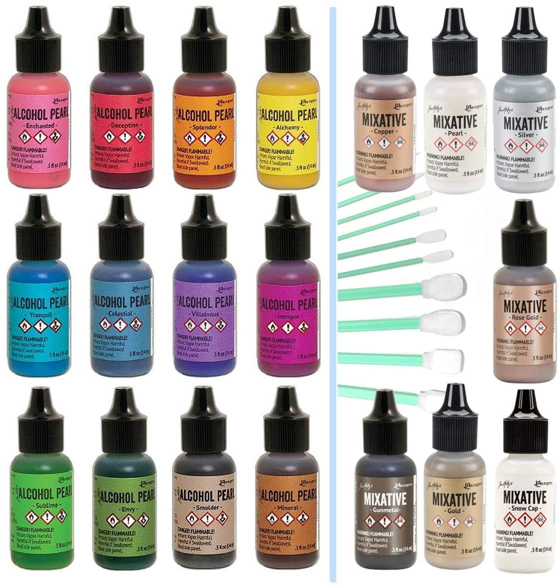 Ranger Tim Holtz Alcohol Pearls Complete Set Bundle All 12 Colors, Ranger Tim Holtz Alcohol Ink Mixatives All 7 Colors, 10 Pixiss Precision Ink Blending Tools