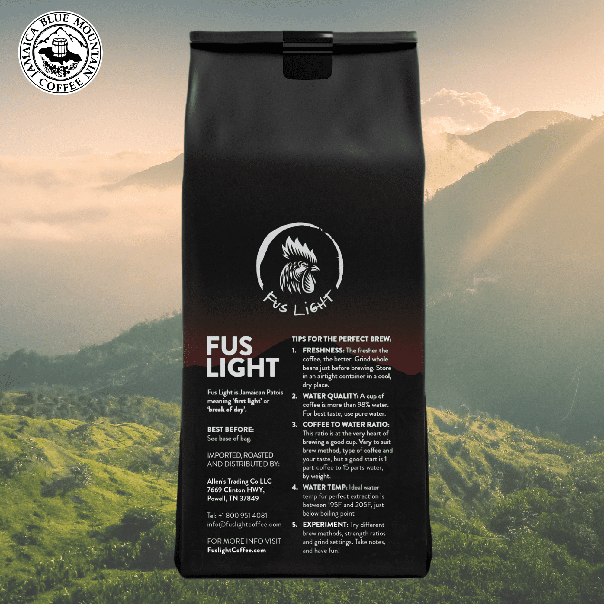 Fus Light Certified Authentic Genuine Blue Mountain Coffee from Jamaica 8 Ounce Whole Beans Farm to Cup Medium Roast