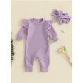 thumbnail image 2 of FEORJGP Toddler Baby Girl Waffle Rompers 0 3M 6M 12M 18M Infant One-piece Jumpsuits Solid Color Ruffled Long Sleeves Bodysuits Round Neck Playsuits Fuute Causal Basic Clothes for Spring Fall, 2 of 7