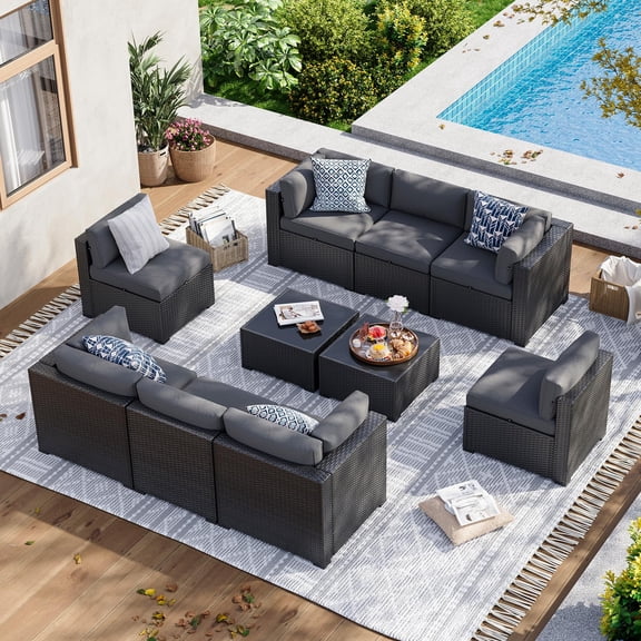 Aoxun 10 Piece Patio Furniture Set Wicker Rattan Patio Sectional Sofa Set Outdoor Seating Furniture with Thickened Cushion, Gray