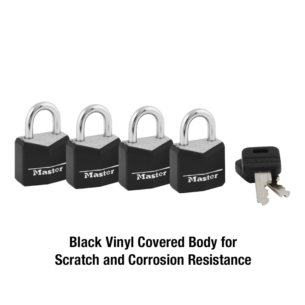 Master Lock 40mm-Wide Vinyl-Covered Solid Body Keyed Padlocks with 22mm  Shackles, Black, 4-pk