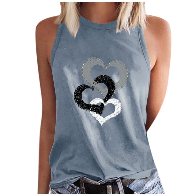 Timegard Camisoles pour Femmes Col Rond Imprimé Cœur Sans Manches Confortables Décontractées Amples Chemises Hauts Blouse