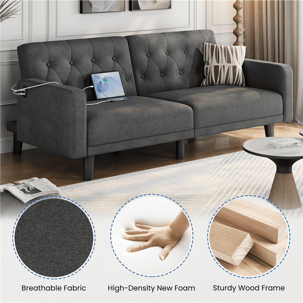 Renwick 63in Convertible Futon Sofa Bed with USB Ports for Living Room, Dark Gray