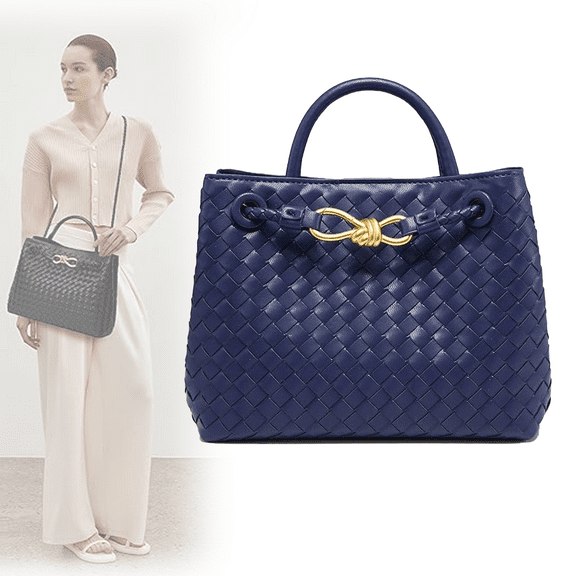 Woven Leather Handbag,Women'S Top-Handle Handbags,Woven Tote Bag,Bucket Style Tote With Gold Lock Design,Shoulder Bag for Women,Woven Leather Bag,Clutch Bag,Summer Purses for Women, Blue