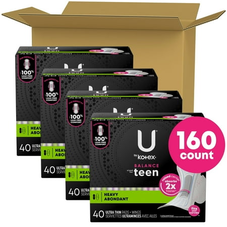 U by Kotex Balance Sized for Teens Ultra Thin Pads with Wings, Heavy Absorbency, 40 Count