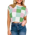 thumbnail image 2 of Womens Cap Sleeve Crop Tops Summer Color Block Going Out Crew Neck Knit Trendy Casual Sweater, 2 of 6