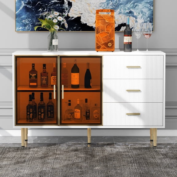 EUROCO 60'' Modern Sideboard Storage Buffet Cabinet, MDF Buffet Cabinet with Marble Sticker Tabletop, 2 Amber-yellow Tempered Glass Doors, 3 Drawers, 2 Shelves, Gold Metal Legs and Handles, White