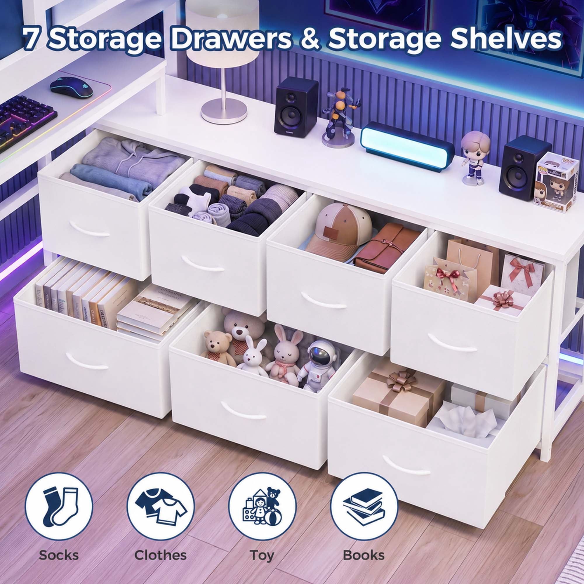 Miniyam Full Size Metal Loft Bed with Desk, 7 Drawers, LED & Charging Station, White