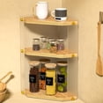 thumbnail image 3 of Countertop Organizer for Bathroom Corner: 3-Tier Waterproof Wood Counter Shelf - Acrylic Vanity Organizer for Makeup Perfume Skincare Storage - Kitchen Corner Standing Rack in Light-Brown, 3 of 7