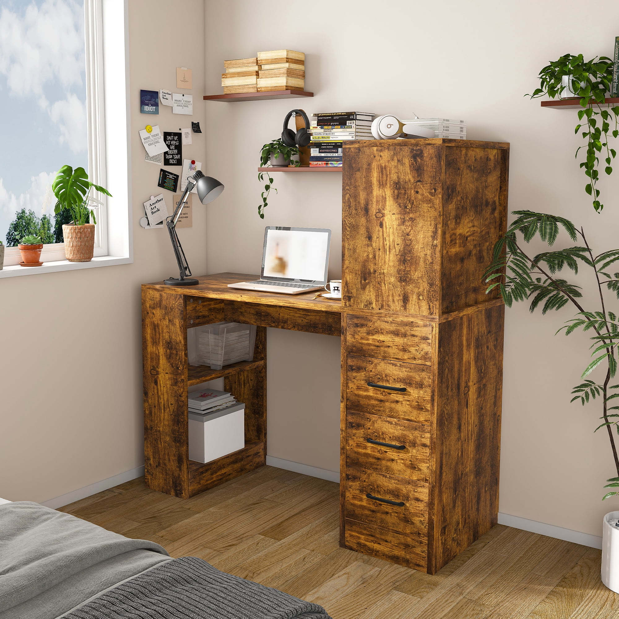 Computer Desk with 4-in-1 Socket & 3 Drawers, 4-Tier Storage Shelves, Carbonized Wood Finish Laminate for Home Office, Study, Bedroom